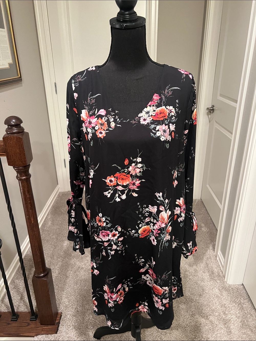 She + Sky Black Floral Long Sleeve Shift Dress with Pink and Coral Blooms Size M